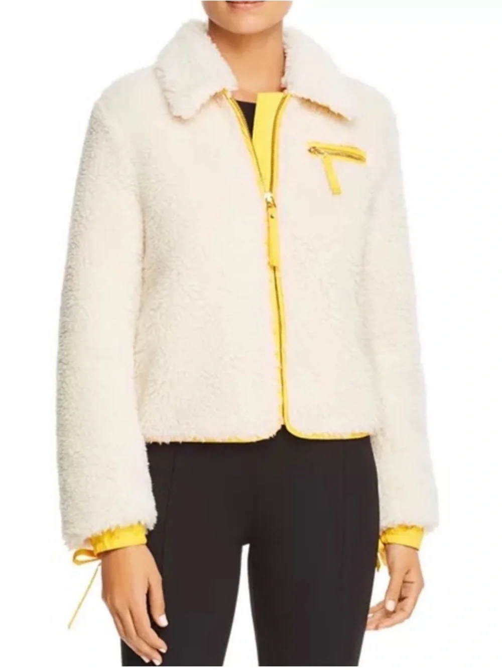 Tory Burch Cream Yellow Faux Sherpa Jacket with Yellow Trim XS